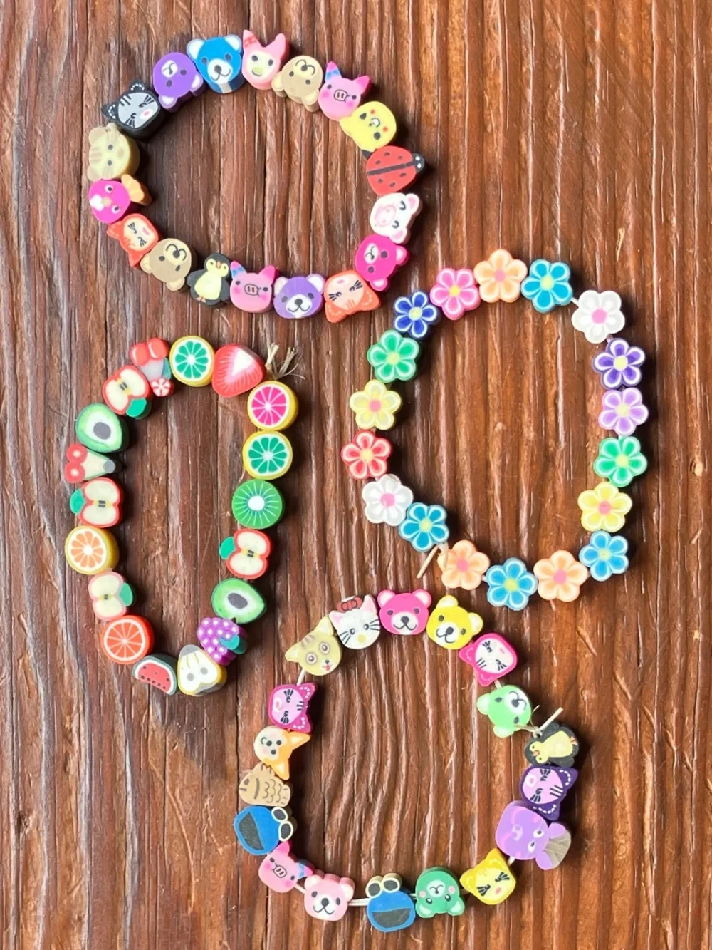 🌈 Set of 4 Handmade Y2K Polymer Clay Bead Bracelets | Kawaii Fruit & Floral